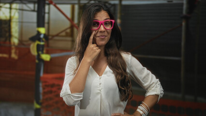 Woman points finger to cheek while wearing pink glasses at construction site with scaffolding,...