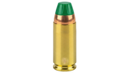Isolated closeup of golden rifle bullet with green tip ammunition for hunting and self-defense