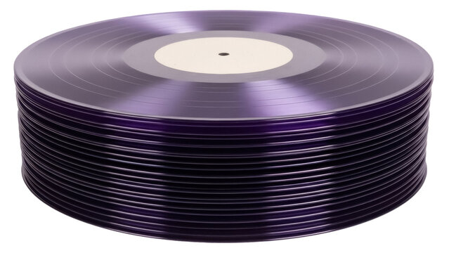 Isolated stack of purple vinyl records close-up for music lovers and audiophiles collectors
