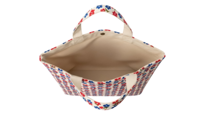 Isolated floral pattern tote bag, canvas shopper, interior view. Lightweight, fabric shopper