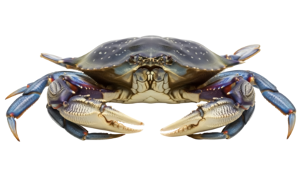 Isolated, facing crab with large claws and blue legs, ready to cook and serve seafood