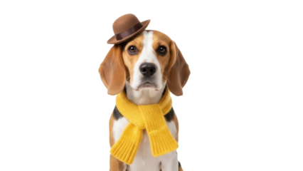 Isolated beagle puppy wearing a brown hat and a yellow scarf in a studio portrait setting