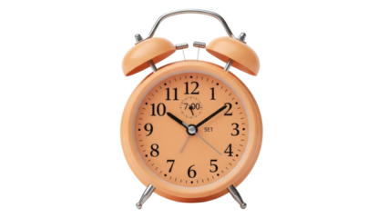 Isolated retro alarm clock, pastel orange bell design, home decor, morning wake-up appliance
