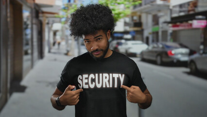 Man in security uniform standing confidently with arms crossed on a busy city street, showcasing...