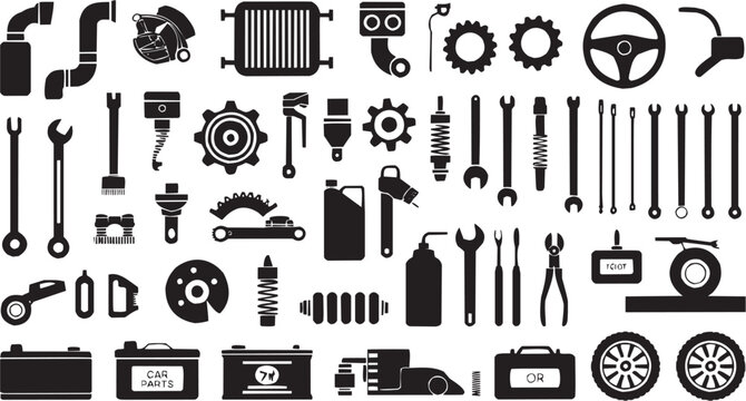 Conjunto de iconos vectoriales de herramientas mec&aacute;nicas: engranajes, llaves, destornilladores, reparaci&oacute;n, industria, precisi&oacute;n en silueta negra.