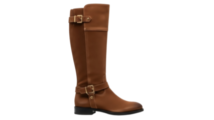 Isolated brown leather women's riding boot against neutral backdrop – stylish footwear item
