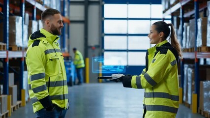 Two warehouse workers in bright yellow safety jackets using a digital device in a modern storage facility with shelves filled with boxes - Powered by Adobe