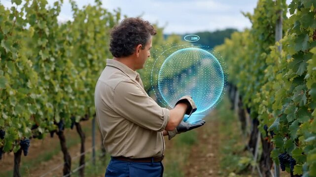 A vineyard worker interactively analyzing data in a grape field with a digital holographic display, showcasing innovative agricultural practices