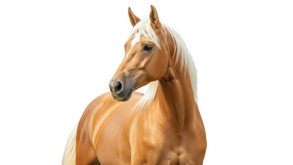 Isolated golden horse looking to the left, a light-colored palomino in a striking pose.