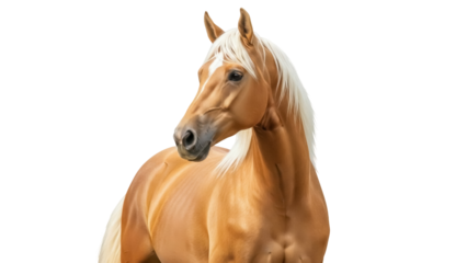 Isolated golden horse looking to the left, a light-colored palomino in a striking pose.
