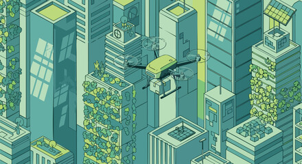 Isometric illustration of a vibrant green city where a delivery drone navigates between eco-friendly buildings, representing future urban logistics.