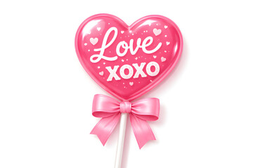 Heart shaped pink lollipop with Love XOXO text and ribbon bow for Valentines Day treat