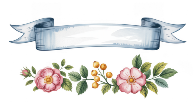 White ribbon banner with pink flowers and leaves isolated on a transparent background - Powered by Adobe