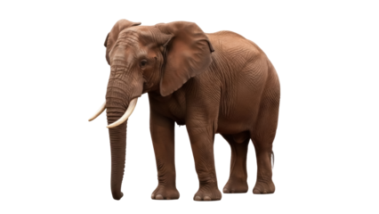 Isolated African elephant, standing facing viewer, its long tusks visible in eye-level shot