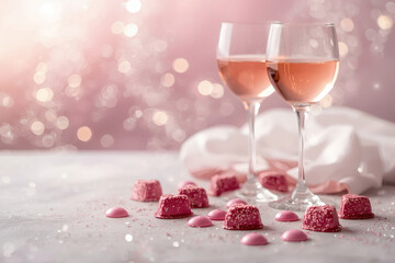 Concept for Valentine's Day. Close-up of two glasses of pink wine and chocolate candies surrounded by roses and hearts on Valentine's Day.