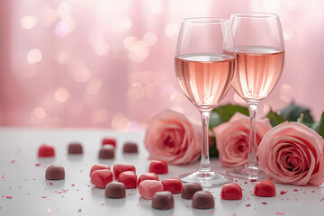 Concept for Valentine's Day. Close-up of two glasses of pink wine and chocolate candies surrounded by roses and hearts on Valentine's Day.