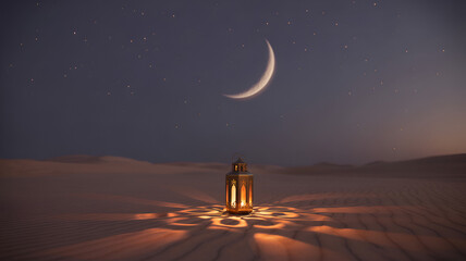 Gold lantern in desert at night with crescent moon