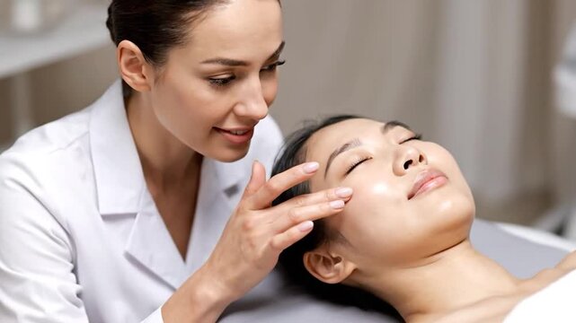 Cosmetologist gently touching client's closed eye area