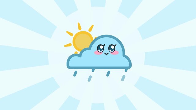 4K video Partly rain storm sun Cloudy Day with cute animation cloud and blue background for snow weather information, animated footage motion graphic illustration design