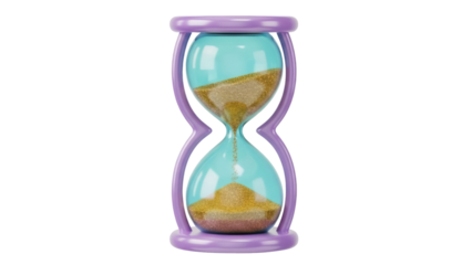 Isolated hourglass with light blue glass and purple frame shows time running out quickly