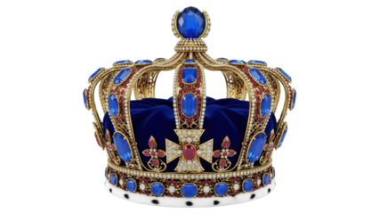 Isolated ornate royal crown with blue jewels and velvet, symbol of power and authority