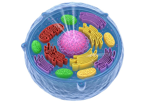 Microscopic 3d cross-section of a hyper-detailed plant eukaryotic cell model with pink nucleus and green chloroplasts suspended in blue cytoplasm. Concept of vital biological structure