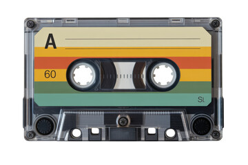 Fototapeta premium Clear cassette tape with colorful label music audio isolated on a transparent background