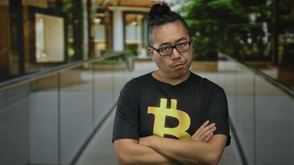 Young chinese man in black bitcoin t shirt stands with arms crossed near glass railing in building...