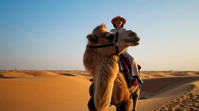 A woman wearing a straw hat enjoys a camel ride across the stunning desert landscape at sunset