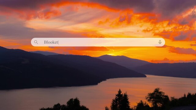 User types Blooket in the address bar to find information. The search bar is in focus as the sunset creates a beautiful backdrop in the view.