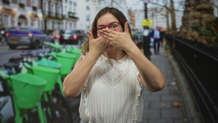 Fototapeta premium Woman in white blouse wearing red glasses covering mouth with hand among rows of green rental bikes parked on a city street; playful charm.