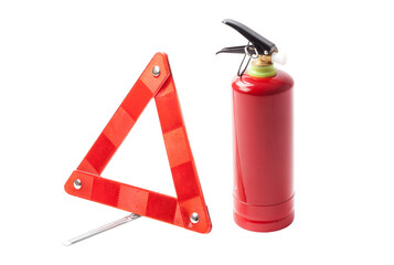 Emergency Road Triangle And Fire Extinguisher Isolated