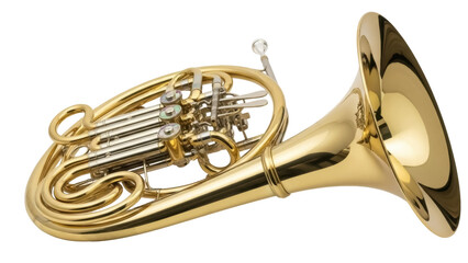 Isolated French horn with a metallic gleam for an orchestra or musical band instrument