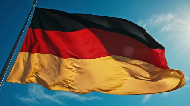 German Flag Fluttering in the Sky: A vibrant shot of the German flag billowing in the breeze against a bright blue sky, the iconic colors of the nation proudly displayed.