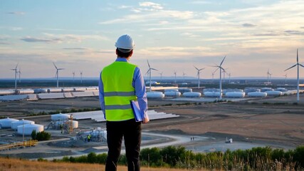 A worker in safety gear observes a wind farm at sunset, highlighting sustainable energy practices in an expansive landscape