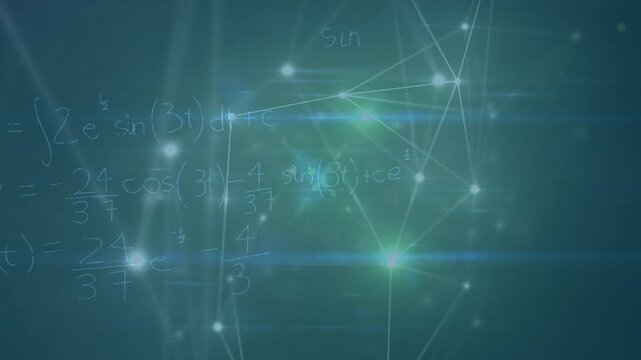 Animation of connections, light and math formulas on green background