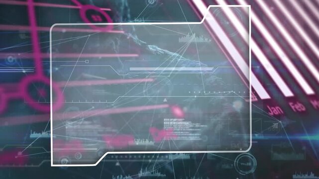 Animation of frame, graphs, diverse data and dna on black background