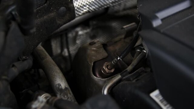 A modern diesel engine's lambda probe. Details of a car engine, showing the complex metal components, pipes, wiring