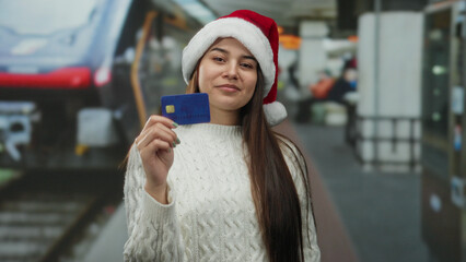Woman in santa hat holding credit card at train station during holiday season showcasing festive outdoor scene with railway background.