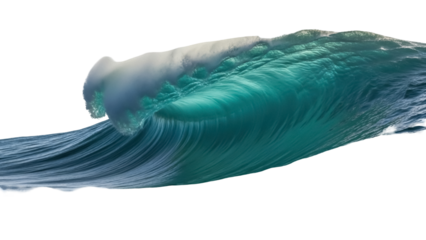 Isolated ocean wave with curling crest, a blue and white water splash, liquid power