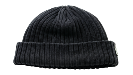 Dark gray ribbed knit beanie with folded cuff and small white tag isolated on a transparent background