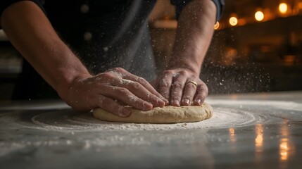Close-up of hands kneading pizza dough on marble, flour in the air, motion blur