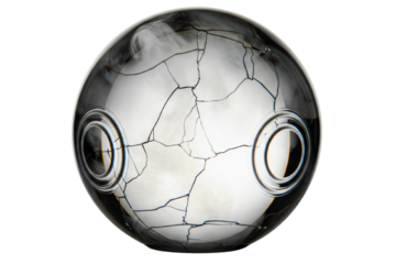 Cracked glass sphere with internal white smoke and circular side vents isolated on transparent background