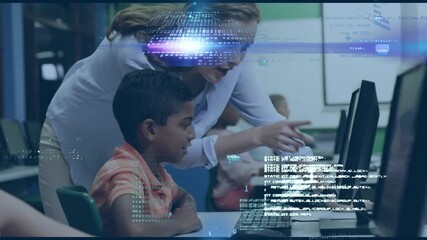 Animation of light trails and data processing over diverse schoolchildren and teacher in classroom - Powered by Adobe