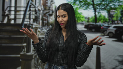 Woman gestures with open hands under sunlight on city street lined with parked cars and brick buildings; enthusiasm.