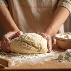 Fototapeta premium Hands kneading dough on a wooden table