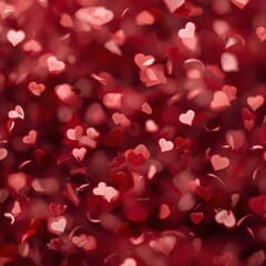 Falling hearts in soft red glow