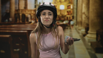 Woman wearing a helmet and pink tank top fanning hundred dollar bills in a church building while...