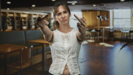 Young woman shows both middle fingers in a restaurant, hands forward and bare belly visible, direct confrontational expression; defiance rebellion protest.