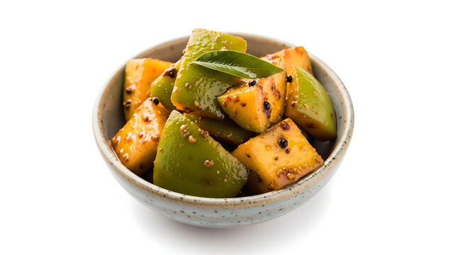 Spicy Raw Green Mango Pickle Achar with Mustard Seeds and Curry Leaves in Ceramic Bowl Side View